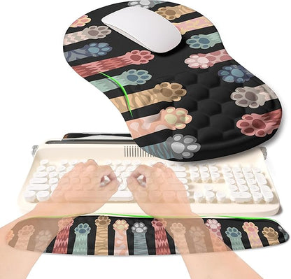KUOSGM 2-in-1 Ergonomic Set, Wave Rise Keyboard Wrist Rest and Massage Bulge Slope Mouse Pad Wrist Support, Cushion Memory Foam Integrated to Relieve Wrist Pain, Multicolour Cat Claws