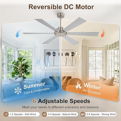 WINGBO 60 Inch Ceiling Fan without Light - 6 Plywood Blades, 6-Speed Reversible DC Motor, Noiseless Remote Control Ceiling Fan No Light for Bedroom Living Room Kitchen, Nickel and Silver/Gray