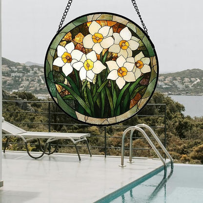 CRISGIF Stained Glass Window Hanging, White Lily Suncatcher for Door Garden Patio Birth Flower Green Plant Sun Catchers Decor Christmas Mother's Day Birthday Gifts for Women Mom Nana Friend 11.8 in