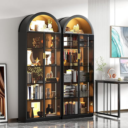 Dystler Arch Display Cabinet with Doors and Adjustable Shelves, 76" Tall Curio Cabinet with LED Lights/Storage Space, 6 Tier Display Case Bookcase for Collectibles Bedroom Living Room Office, Black