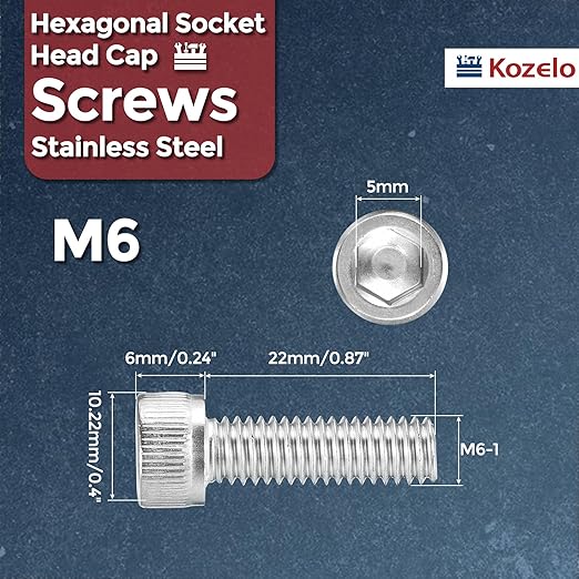 Kozelo 20pcs Socket Head Cap Screws - [M6-1 x 22mm] 304 Stainless Steel Allen Socket Drive for Electrical Motor 3D Printing Fan Engine Replacement Use, Silver