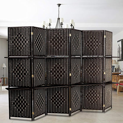 Bonnlo Upgraded Heavy Duty 6FT Tall Rattan Room Divider Screens with Partition Wall 2 Display Shelves, Indoor Folding Screen Dual-Sided Hinges for Home Office (6 Panels)