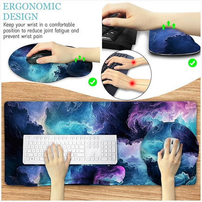 LIMKRIAN Galaxy Mouse Pad Set Large Desk Matt for Desktop, Ergonomic Mouse Pad with Wrist Rest, Gaming Mousepad Wrist Support Keyboard Mat Cup Coaster Set Cute Office Desk Decor Accessories