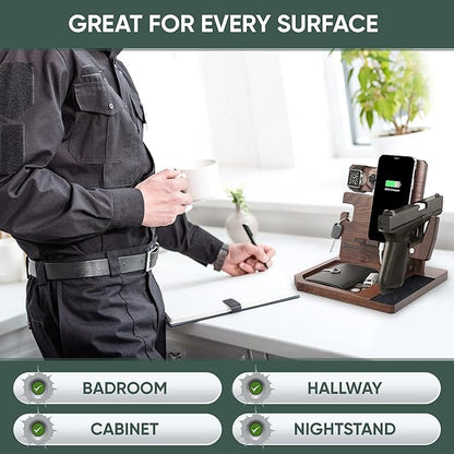 BarvA Phone Docking Station with Patented Adaptive Wood Gun Rack | Night Stand Smart Watch & Phone Stand | Charging Station Desk Organizer | Gun Accessories Storage and Organization