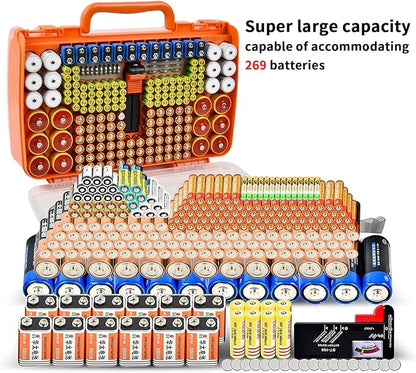 Aptbyte Battery Organizer Storage Holder Box Case with Tester- 269 Batteries Double-Sided Variety Pack, Holds AA AAA 4A C D Cell 9V 3V Lithium LR44 CR2 CR123 CR1632 18650 Button- Orange (Box Only)