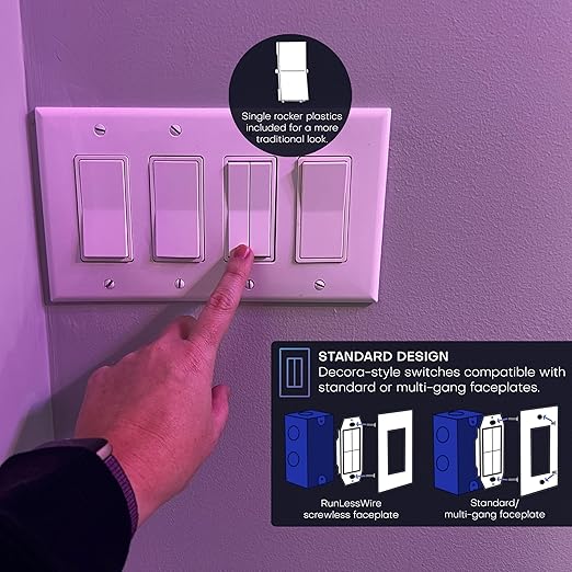 RunLessWire Click for Philips Hue – Battery-Free Wireless Smart Light Switch, 30ft Range – Works Natively with Philips Hue Bridge – Wall Mount Kinetic Switch - Decora Style, Light Almond