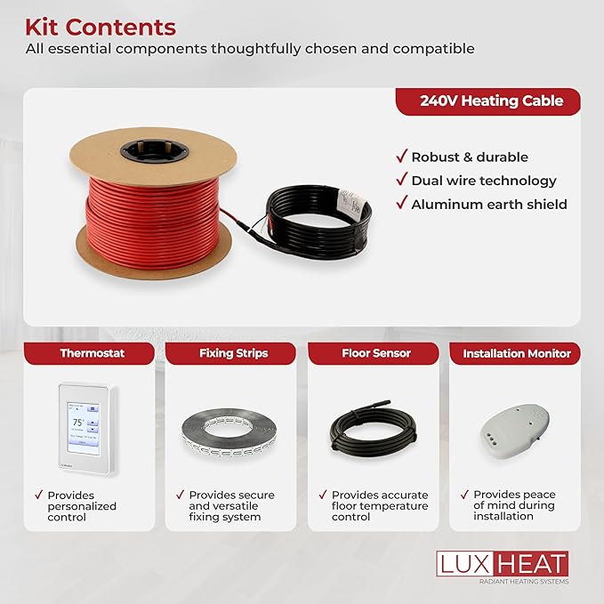 LuxHeat 160sqft Floor Heating Cable Kit - 240v Under Tile Floor Heater Kit - Heated Flooring System Includes UDG4 Programmable Thermostat w/GFCI, Heating Cable, Strapping, Flooring Sensor & Alarm
