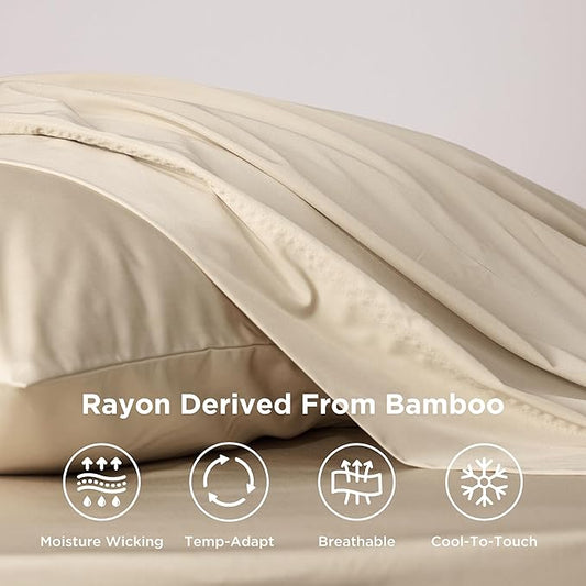 Bedsure Cooling Sheets Twin XL, Rayon Derived from Bamboo, Breathable & Soft Twin XL Sheet Sets, Deep Pocket Up to 16 Inches, Hotel Luxury Silky Dorm Bedding for Hot Sleepers, Beige