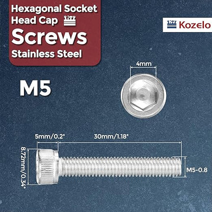 Kozelo 40pcs Socket Head Cap Screws - [M5-0.8 x 30mm] 304 Stainless Steel Allen Socket Drive for Electrical Motor 3D Printing Fan Engine Replacement Use, Silver