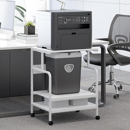 Arbuxzuy Large Printer Stand with Storage Shelf, 23.6" W x 18.9" D Printer Cart with Wheels, 3 Tier Mobile Printer Table for Home Office,Stands for Heat Press Scanner Fax (White)