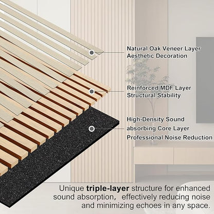 QDYMXUN Wood Slat Acoustic Wall Panels, 4-Pack 94.5'' x 7.9'' 3D Fluted Sound Absorbing Paneling for Interior Accent Wall Decor, Living Room (Natural Oak)