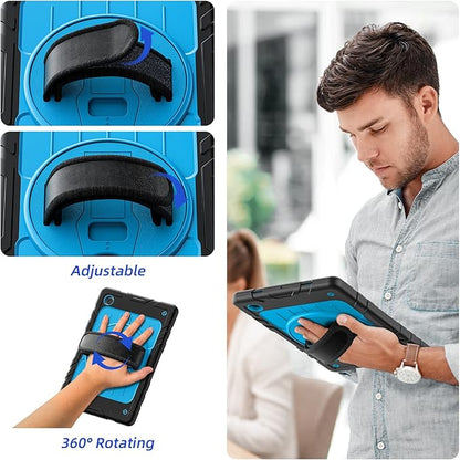 for Samsung Galaxy Tablet A8 Case 10.5 inch 2022 SM-X200/X205/X207 with Screen Protector [360 Rotating Stand] &Hand Shoulder Strap Shockproof Rugged Protective Cover|Black&Blue