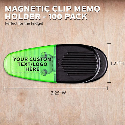 100 Magnetic Memo Holders Set - Customizable Text, Logo - Large Clip, Plastic - TGreen