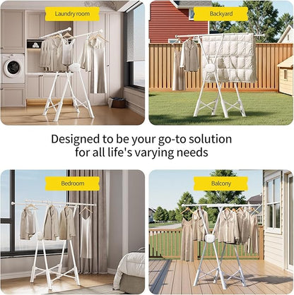 BIREN Clothes Drying Rack Heavy Duty Clothing Racks Foldable Laundry Rack Two Drying Modes Garment Racks for Drying Clothes, Adjustable Length from 32-55 Inches for Indoor Outdoor Use