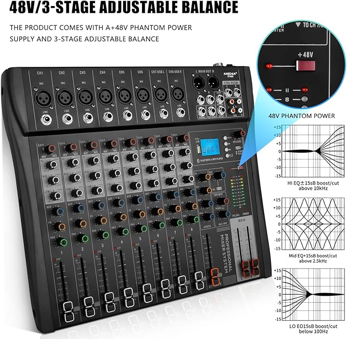 12 Channel Professional Audio Mixer with 48V Phantom Power, USB Audio Interface, Bluetooth & MP3 Player, Sound Board for Podcast, Home Studio, Live Streaming & Recording