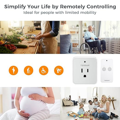 Remote Control Outlet, TESSAN Wireless Light Switch, On Off Switch Plug for Lights, Lamps, Fans, Household Appliances, 100ft RF Range, 15A/1875W(1 Remote + 1 Outlet)