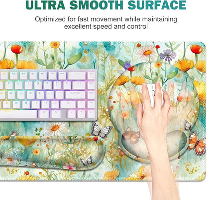 Gaming Mouse Pad, Large Desk Mat, Cute Desk Pad Protector, 4in1 XXL Mousepad + Keyboard Wrist Rest+Mouse Wrist Rest+Coaster Set with Ergonomic Desk Pad for Home Office PC Computer, Yellow Flowers