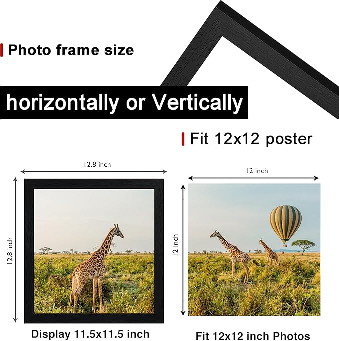 TKYGU 12x12 Picture Frame Set of 5, Black Wooden Frame 12x12 Square Wall Gallery Poster Photo frame with Durable Shatter Resistant Plexiglass,Horizontal and Vertical Formats for Wall Hanging best gift