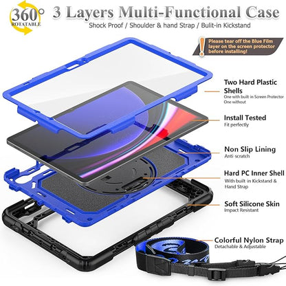 SEYMAC stock Case for Samsung Galaxy Tab S10 FE / S9 / S9 FE 5G Tablet Case Protective with Screen Protector, Pencil Holder, 360 Rotate Stand, Hand Strap, Shoulder Strap, Blue1