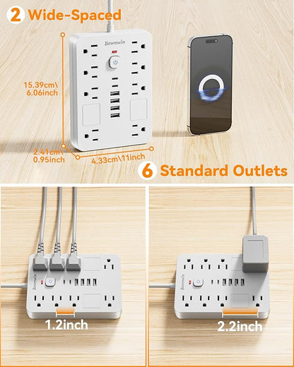 Bawmwim Surge Protector Power Strip - 8 Outlets(1850W/15A) with 6 USB Ports（2 USB C, 6FT Flat Plug Extension Cord, Wall Mount Multi Plug Outlet Extender, ETL Listed for Home, Dorm Room, White