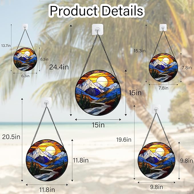 AMDERVEN Stained Glass Window Hanging, Yellow Blue Sunset Mountains Scenery Sun Catcher for Window Home Decor Landscape Suncatcher Mother's Day Birthday Gifts for Women Men Mom and Nana 9.8 in