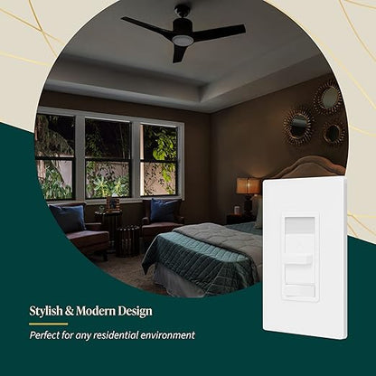 TOPGREENER Kalide Light Switch and 3-Speed Ceiling Fan Control Combo, in Wall Light and Fan Combination Switch, Single Pole, 2.5A, 720W, Neutral Wire Not Required, TGSFS3-W, White