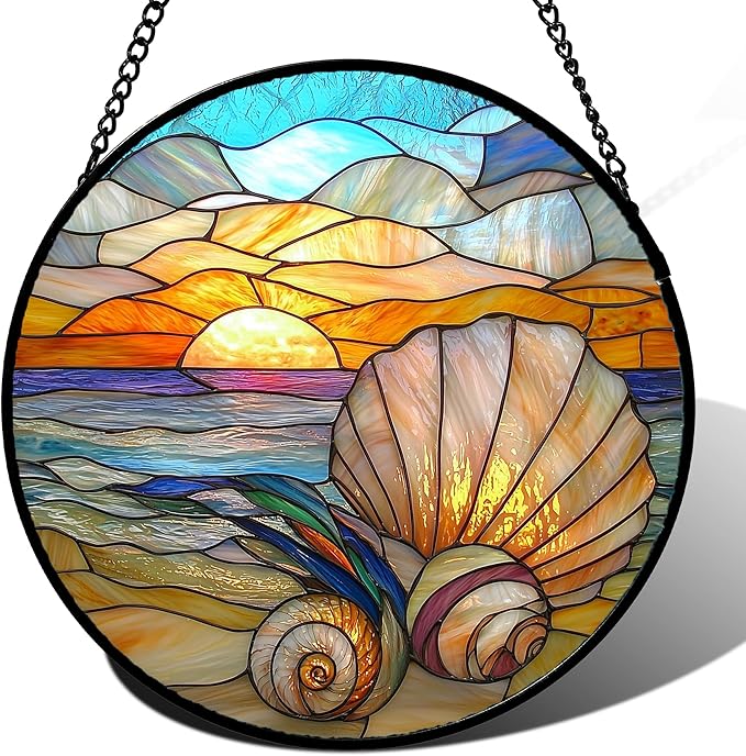 AMDERVEN Stained Glass Window Hanging - Colorful Beach Shells Conch Sun Catcher for Door Home Decor Ocean Suncatcher Christmas Mother's Day Birthday Sea Lover Gifts for Women Men Mom Nana 7.8 in