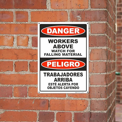 Brimar - 10" x 14" - Bilingual Workers Above Watch For Falling Material Sign - .055″ Polyethylene Plastic - Bold Text And Symbol - Easy Installation