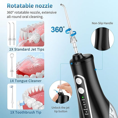 Cordless Oral Irrigator - 4 Modes Water Flosser for Teeth Cleaning, 300ML Reservoir, 360° Nozzle, IPX7 Waterproof, 2000mAh Rechargeable Battery, 4 Jet Tips, Smart Memory Function (M149 - Black)