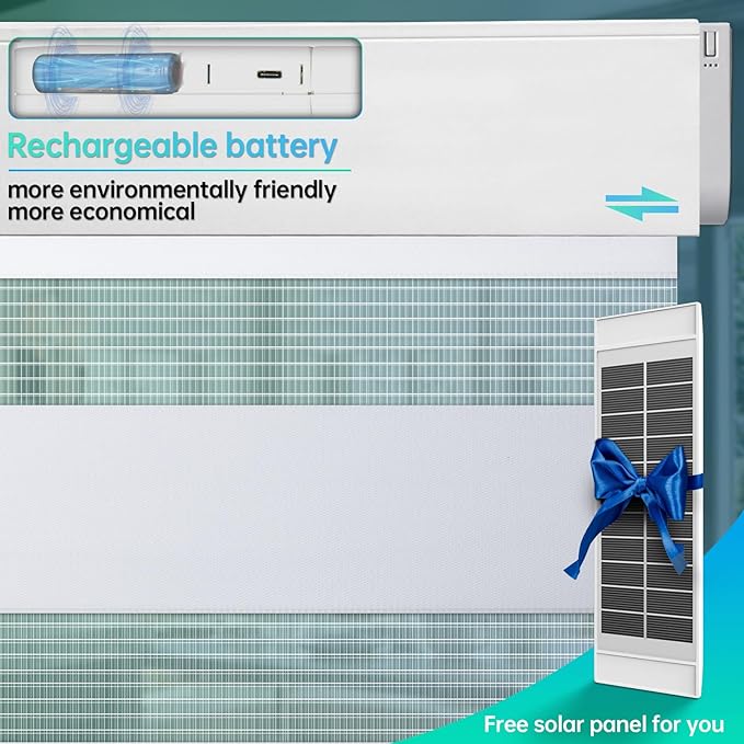 DENFOON Motorized Zebra Blinds, Solar Powered Dual Layer Automatic Shades with Remote Control, Rechargeable Smart Blinds Horizontal Wireless Electric Shades for Windows, Custom Size, White， 32 x 72