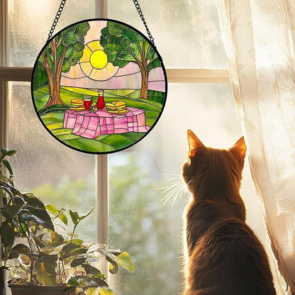 AMDERVEN Stained Glass Window Hanging 4 Pcs Set Pink Green Spring Saplings Flowers 9.8" - Suncatcher Door Garden Sun Catcher Home Decor Mother's Day for Woman Nana Mom Men
