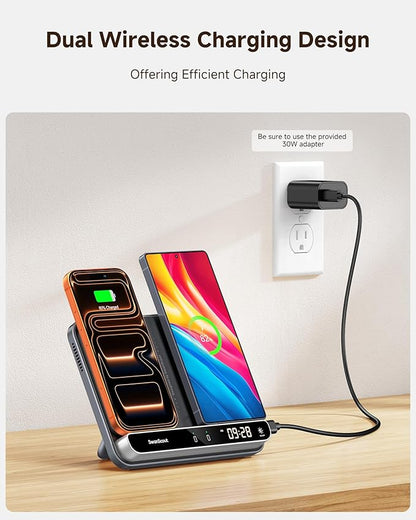 Dual Wireless Charger Stand, SwanScout 504, Foldable Wireless Charging Station Pad for iPhone Air/17/16/15/ Series, Samsung Galaxy S25/S24/S23, Android Phones, AirPods/Galaxy Buds (Black & Tech Grey)