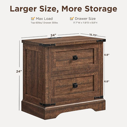 T4TREAM 24" Farmhouse Nightstand with Charging Station, Large End Table with 2 Storage Drawers, Rustic Wood Sofa Bedside Table for Bedroom, Reclaimed Barnwood Color