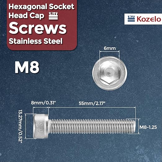 Kozelo 6pcs Socket Head Cap Screws - [M8-1.25 x 55mm] 304 Stainless Steel Allen Socket Drive for Electrical Motor 3D Printing Fan Engine Replacement Use, Silver