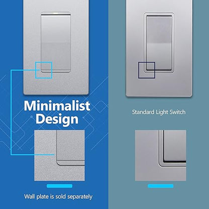 LIDER Minimalist Design Matte Finish Lighted Decorator Switch, Frameless Paddle Light Switch with Locator Light, Grounding Screw, 3-Way or Single Pole, 15A 120V, UL listed, LS15-3W-SV5P Silver, 5 Pack