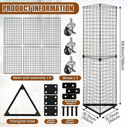 Weysat 5' x 1.6' Triangle Gridwall Panel Display Stand 3-Sided Grid Tower with Base and Casters Rolling GridWall Panel Stand for Home Organization Display Vendor Events, Black