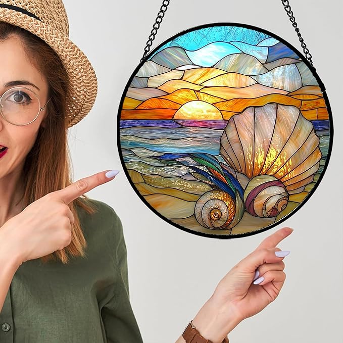 AMDERVEN Stained Glass Window Hanging - Colorful Beach Shells Conch Sun Catcher for Door Home Decor Ocean Suncatcher Christmas Mother's Day Birthday Sea Lover Gifts for Women Men Mom Nana 15 in