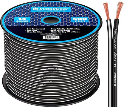 InstallGear 14 Gauge AWG Speaker Wire True Spec ans Soft Touch Cable Wire (500ft White/Black) - Car Speakers, Stereos, Home Theater Speakers, Surround Sound, Radio - 14 Gauge Black Speaker Wire