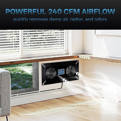 Pewoaoa 240 CFM Crawlspace Vent Fan, With Thermostat,Humidistat, Crawlspace Fans, For Moisture Reduction, Radon Mitigation, Freeze Protection, Ideal for Basement, Attic, Crawl Space Fan Vent(Black)