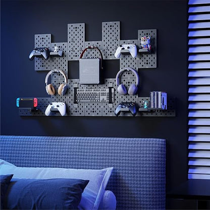PEGZONE Controller and Headphone Holder Wall Mount, Modular Gaming Pegboard with Accessories, Controller Stand for Xbox PS5 PS4 Switch, Video Game Storage, Disc Shelf Organizer, 14pcs Pegboard, Black