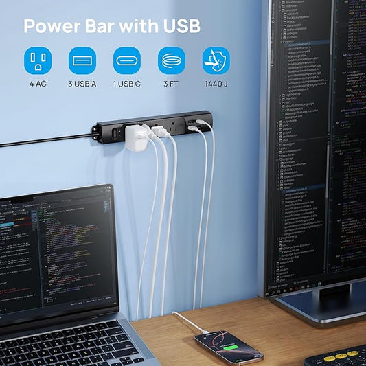TROND Surge Protector Power Strip with USB, Ultra Thin Flat Plug 3ft Extension Cord 1625W, 3 USB A & 1 USB C, 4 AC Outlets 1440J Surge Protection, ETL Listed, Wall Mount for Home Office Dorm, Black
