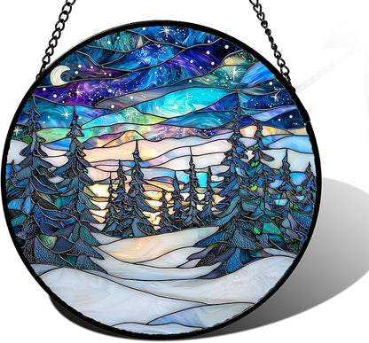 DASTOLL Stained Glass Window Hanging, Starry Sky Trees and Snow Sun Catchers Glass Panel Blue Suncatcher Decor for Birthday for Women, Men, Wife, Aunt, and Mom 7.8 in