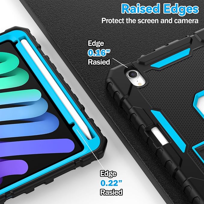 Grifobes Case for iPad Mini 7 (A17 Pro) 2024 / Mini 6 2021 8.3 inch, Heavy Duty Shockproof Rugged Cover with Pencil Holder Stand, for I Pad Mini 7th/6th Gen 8.3" Case for Kids Boys (Black+Blue)