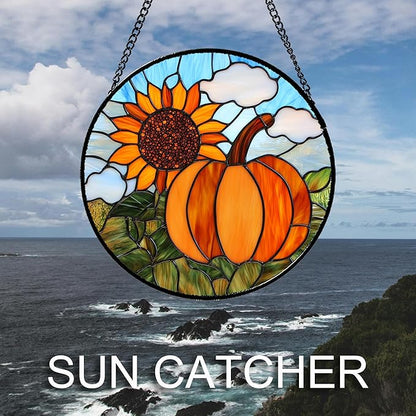 DASTOLL Stained Glass Window Hanging Fall Farm Scenery Sunflower Pumpkin Large 15" - Suncatcher Door Garden Kitchen Sunroom Sun Catcher Home Decor Birthday for Mom Grandma Men Woman