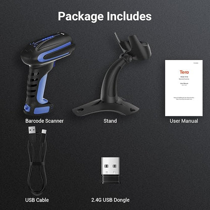Tera Barcode Scanner Wireless 2D QR with Stand: Pro Version Battery Level Indicator 2500mAh Industrial Grade Bar Code Reader 3-in-1 Works with Bluetooth 2.4G USB Wired 8100 Dark Blue