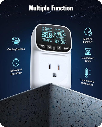 WILAWELS Digital Temperature Controller Outlet, 15A/1800W Heavy Duty Thermostat Plug, VA LCD Display, Heating/Cooling Control, -40°F~210°F, 4 Timer Modes, for Greenhouse Incubator Homebrew W01TC06