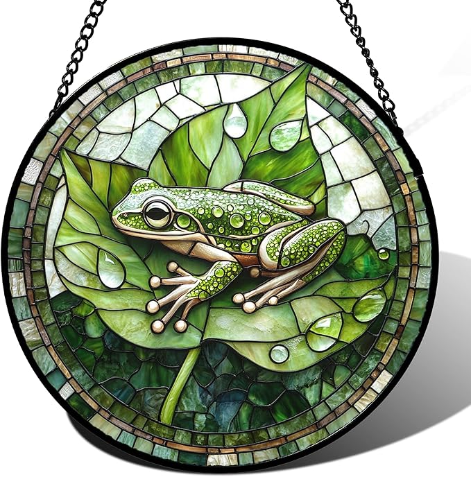 CRISGIF Stained Glass Window Hanging - Cute Frog Suncatcher for Doors Garden Patio Green Leaves Sun Catchers Decor Christmas Mother's Day Birthday Gifts for Women Men Mom Nana Boy Friend 7.8 in