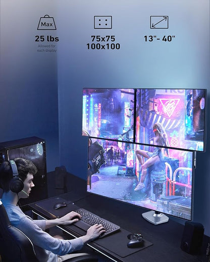 Ergounion Triple Monitor Mount, Holds Screens up to 40 Inches and 25 lbs, Fully Adjustable 3 Monitor Desk Mount with C-Clamp and Grommet Base, Aluminum, Silver