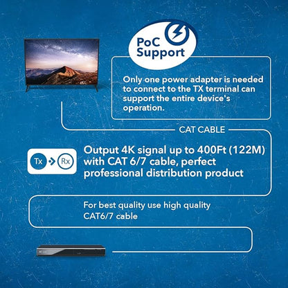 OREI 1x8 HDMI Extender Splitter HDBaseT 4K, Multiple Over Single Cable CAT6/7 4K@60Hz 4:4:4 HDCP 2.2 with IR Remote EDID Management, HDR - Up to 400 Ft - Loop Out - Low Latency - (UHD18-EXB400-K)