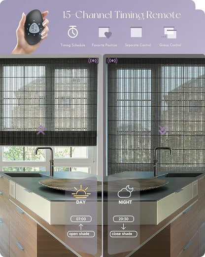 Graywind Smart Natural Roman Shades Compatible with Alexa Google Rechargeable Light Filtering Motorized Blinds with Remote Plain Fold for Doors Bedroom, Custom Size (Striped Taupe)